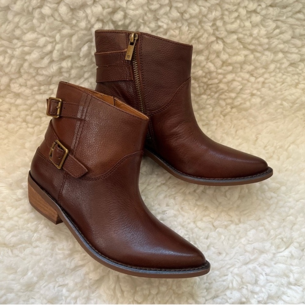 New! LUCKY BRAND Caelyn Western Moto Leather Ankle Booties in Cognac Brown - Picture 4 of 14